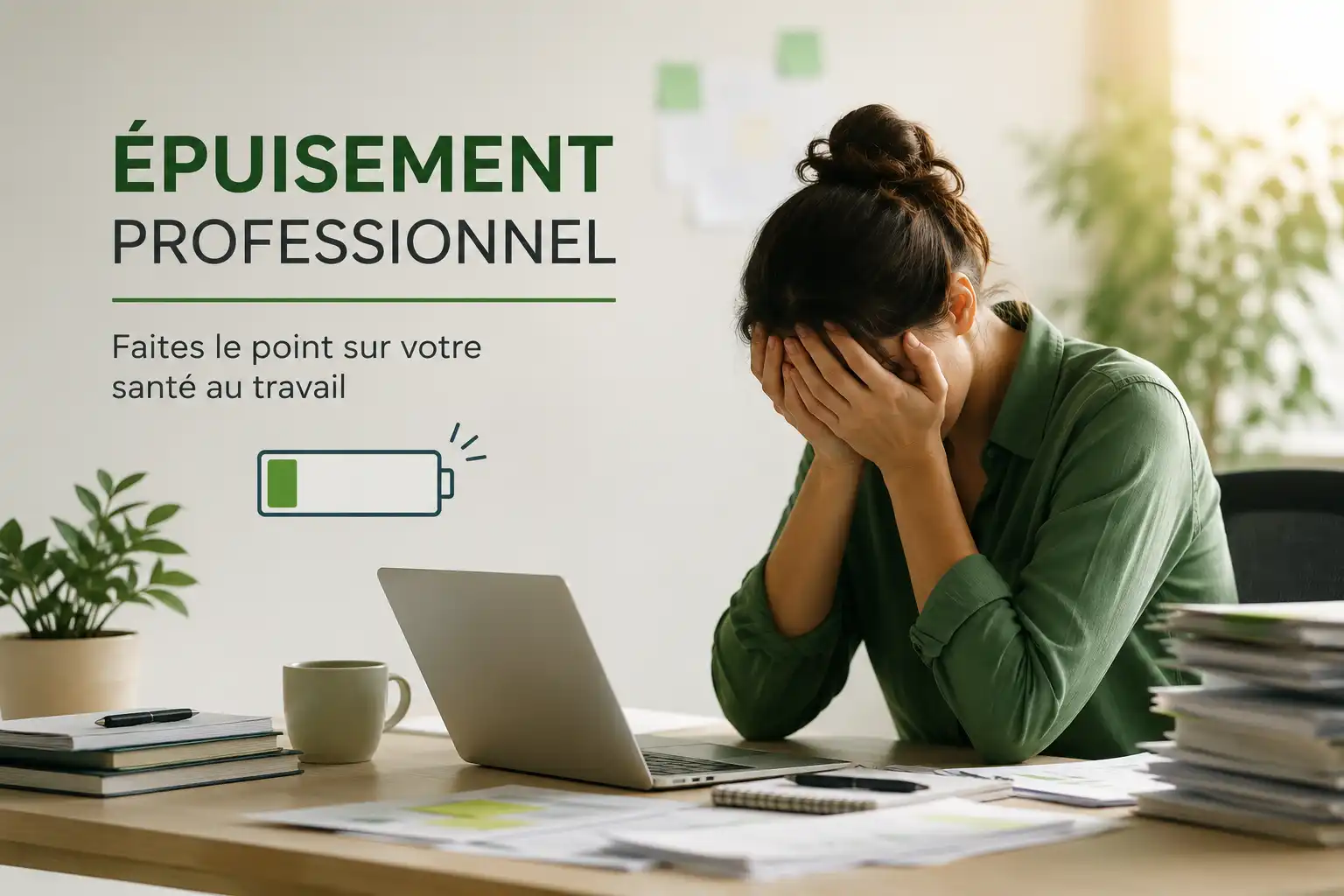Personne en situation d'épuisement professionnel devant son ordinateur illustrant le test de burn-out.